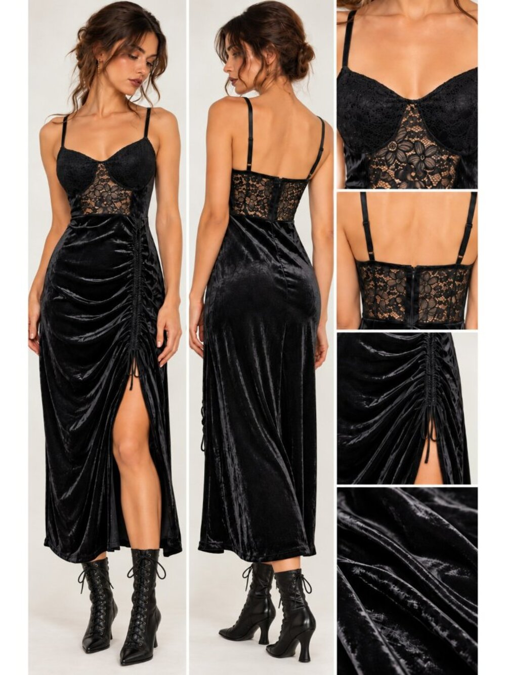 Y2K Whimsigoth Black Velvet Lace Maxi Dress Witchy Vampy Gothic Slit NWT Small